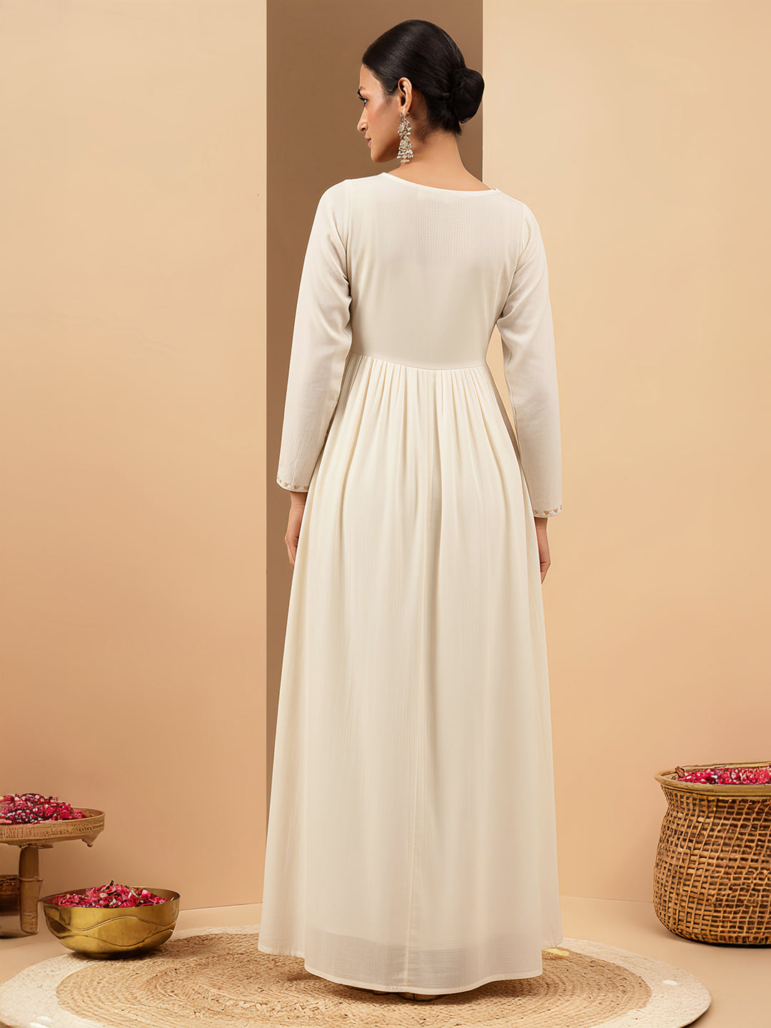 Janasya Women's Off White Soft Pure Cotton Zari Embroidered Anarkali Gathered Gown