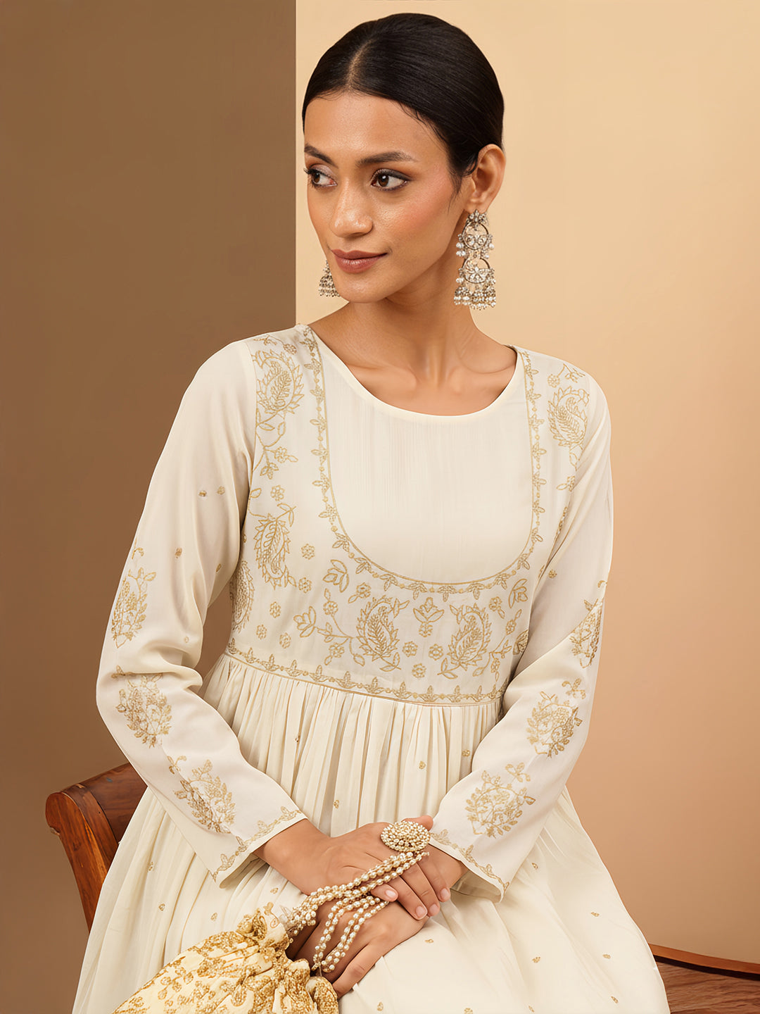 Janasya Women's Off White Soft Pure Cotton Zari Embroidered Anarkali Gathered Gown