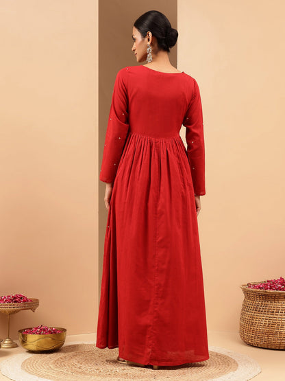 Janasya Women's Maroon Soft Pure Cotton Zari Embroidered Anarkali Flared Gown