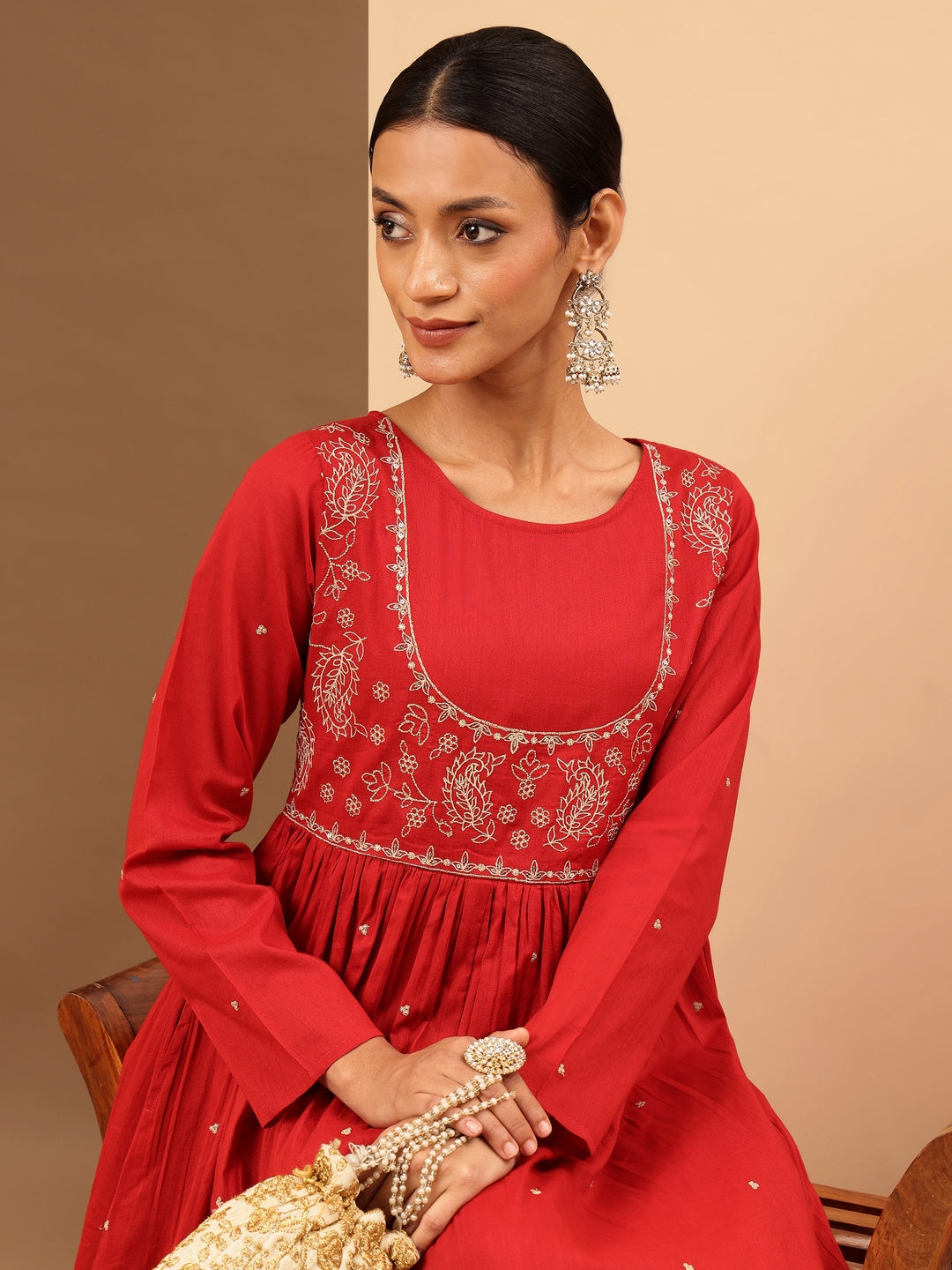 Janasya Women's Maroon Soft Pure Cotton Zari Embroidered Anarkali Flared Gown