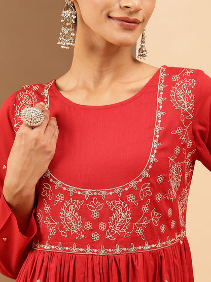 Janasya Women's Maroon Soft Pure Cotton Zari Embroidered Anarkali Flared Gown