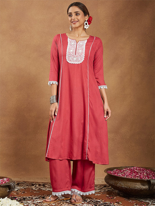 Janasya Women's Rust Rayon Yoke Embroidered A-line Kurta With Palazzo Set