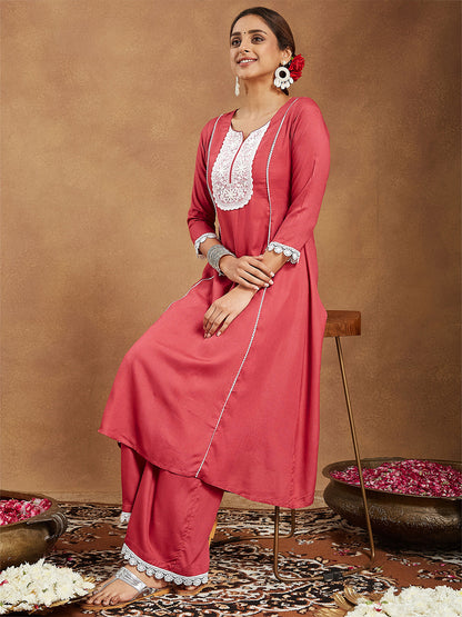 Janasya Women's Rust Rayon Yoke Embroidered A-line Kurta With Palazzo Set