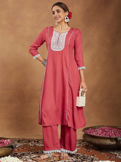 Janasya Women's Rust Rayon Yoke Embroidered A-line Kurta With Palazzo Set