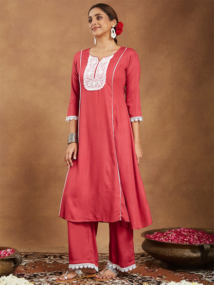 Janasya Women's Rust Rayon Yoke Embroidered A-line Kurta With Palazzo Set