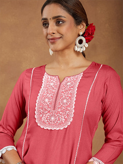 Janasya Women's Rust Rayon Yoke Embroidered A-line Kurta With Palazzo Set