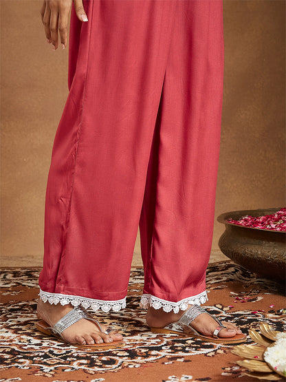 Janasya Women's Rust Rayon Yoke Embroidered A-line Kurta With Palazzo Set