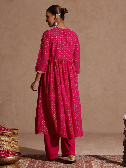Janasya Women's Pink Georgette Foil Printed Embellished A-line Front-open Kurta With Palazzo Set