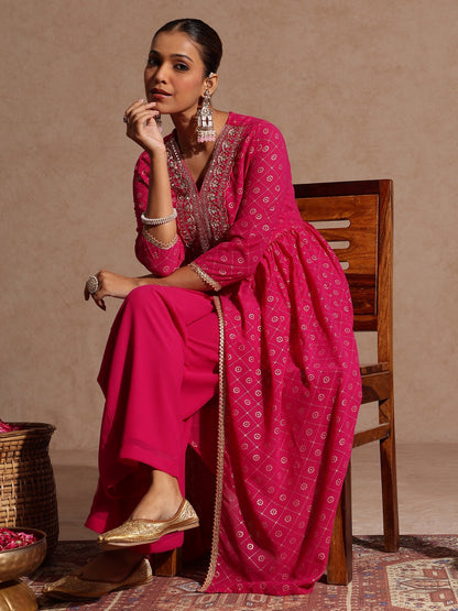 Janasya Women's Pink Georgette Foil Printed Embellished A-line Front-open Kurta With Palazzo Set