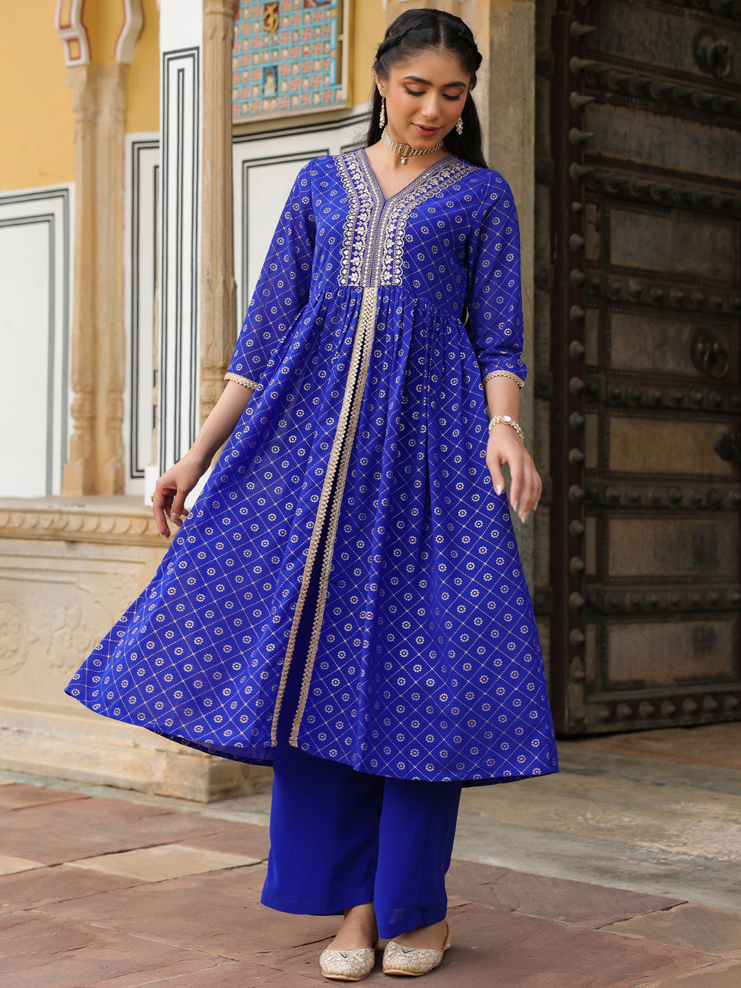 Janasya Women's Royal Blue Georgette Foil Printed Embellished A-line Front-slit Kurta With Palazzo Set