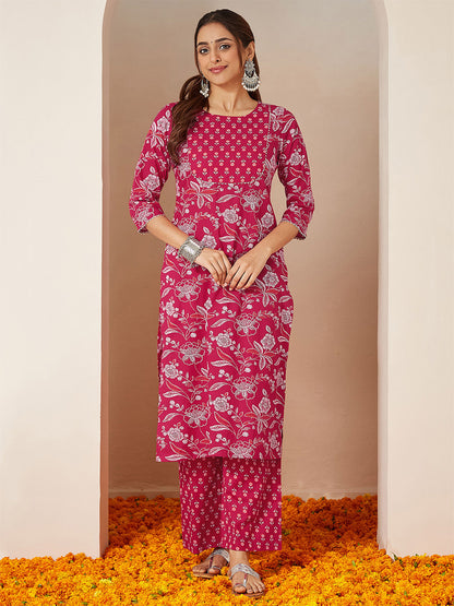 Janasya Women's Magenta Pink Pure Cotton Floral Printed Straight Kurta Pant Set