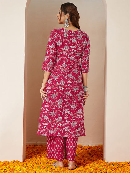 Janasya Women's Magenta Pink Pure Cotton Floral Printed Straight Kurta Pant Set
