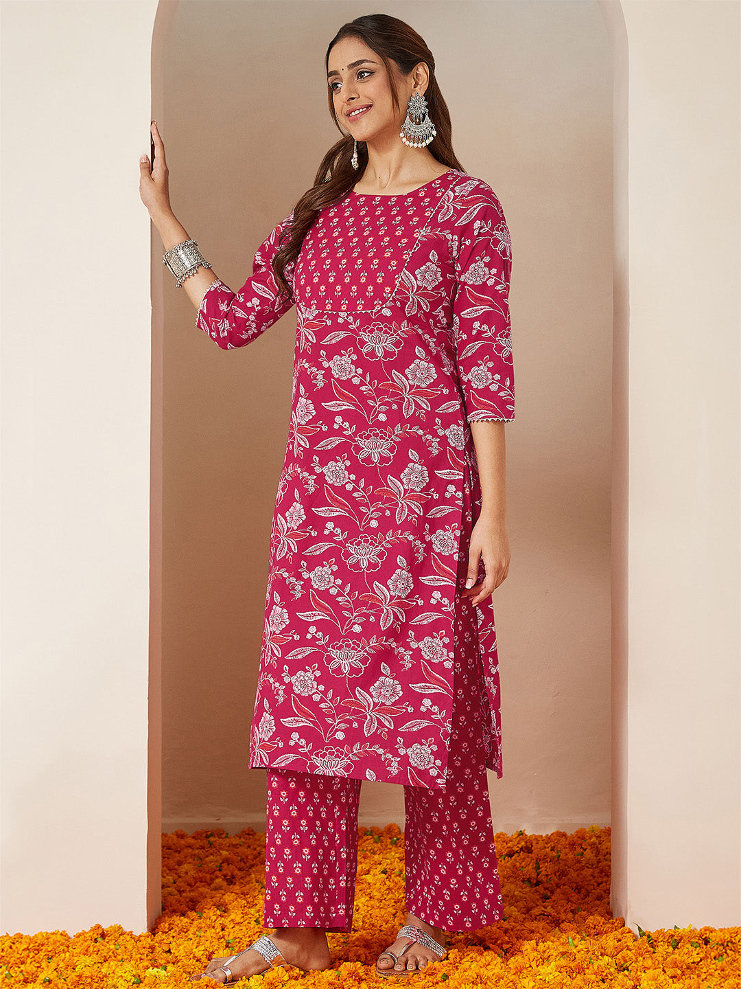 Janasya Women's Magenta Pink Pure Cotton Floral Printed Straight Kurta Pant Set