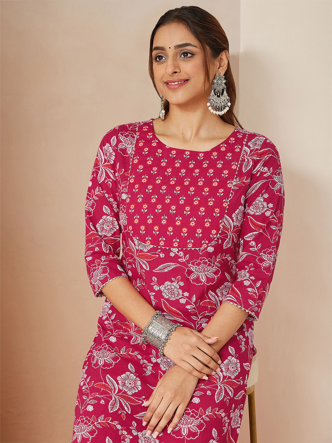 Janasya Women's Magenta Pink Pure Cotton Floral Printed Straight Kurta Pant Set