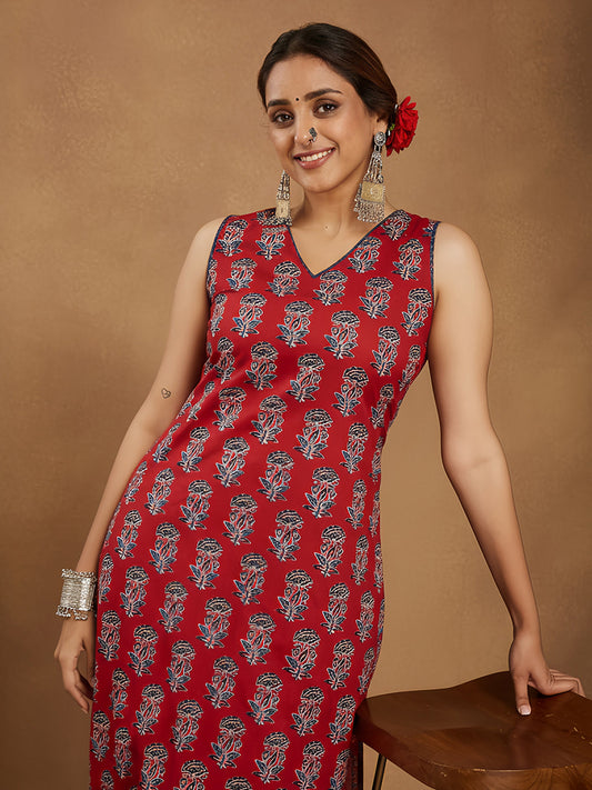 Janasya Women's Maroon Pure Cotton Floral Printed Straight Kurta Pant Set