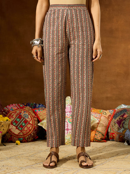 Janasya Women's Maroon Pure Cotton Floral Printed A-line Kurta Pant Set