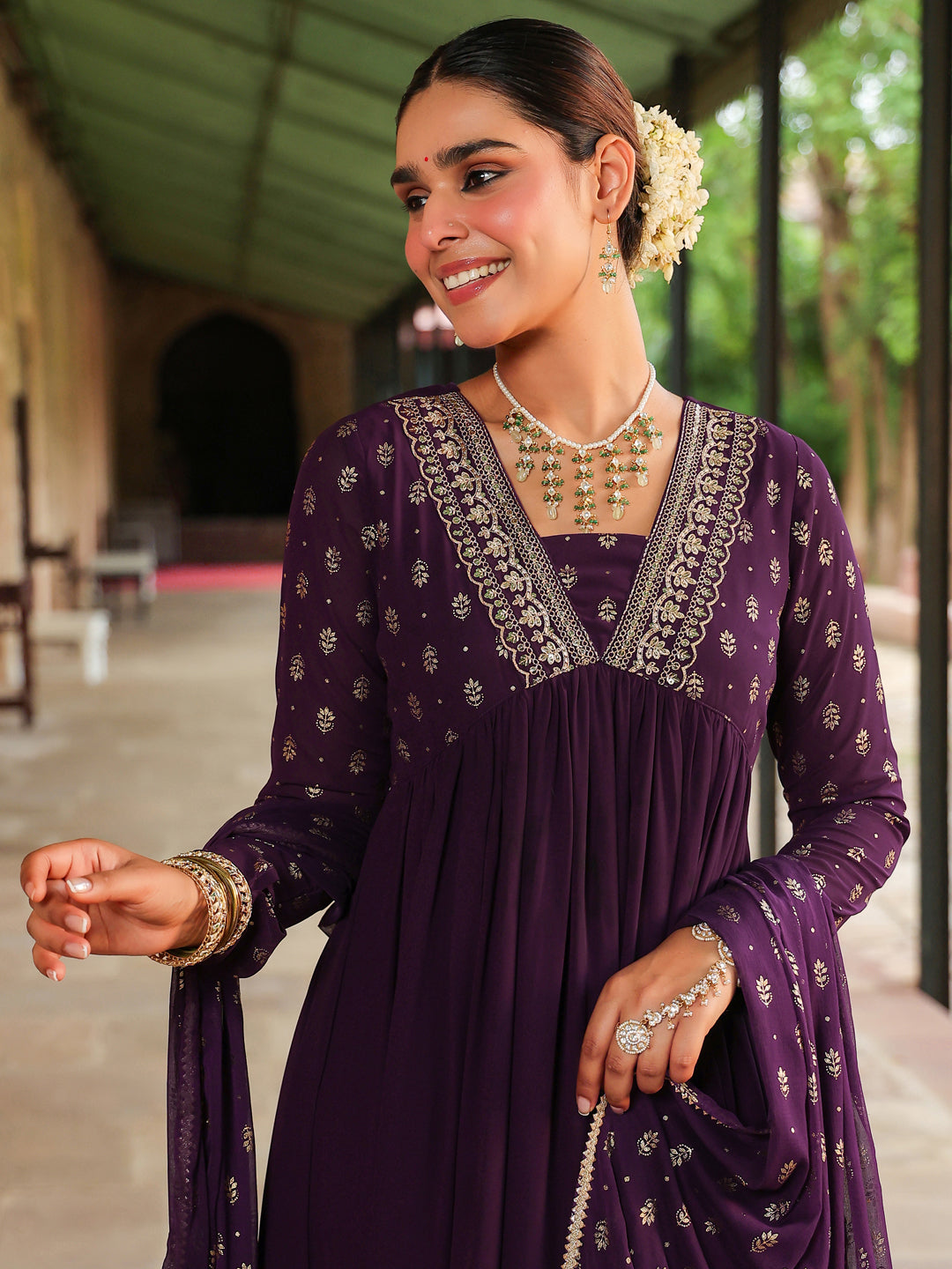 Janasya Women's Purple Georgette Embroidered Gold Printed Anarkali Kurta With Dupatta Set