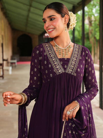 Janasya Women's Purple Georgette Embroidered Gold Printed Anarkali Kurta With Dupatta Set