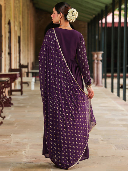 Janasya Women's Purple Georgette Embroidered Gold Printed Anarkali Kurta With Dupatta Set