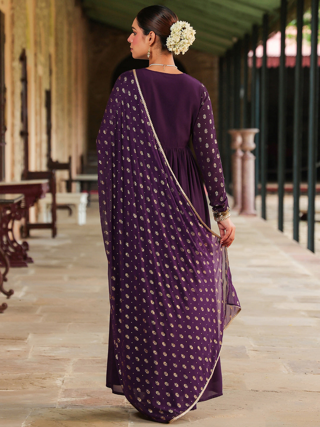 Janasya Women's Purple Georgette Embellished Foil Printed Gathered Kurta With Dupatta Set