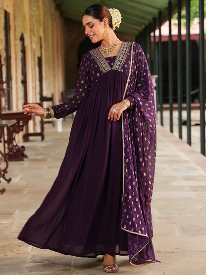 Janasya Women's Purple Georgette Embroidered Gold Printed Anarkali Kurta With Dupatta Set