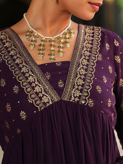 Janasya Women's Purple Georgette Embellished Foil Printed Gathered Kurta With Dupatta Set
