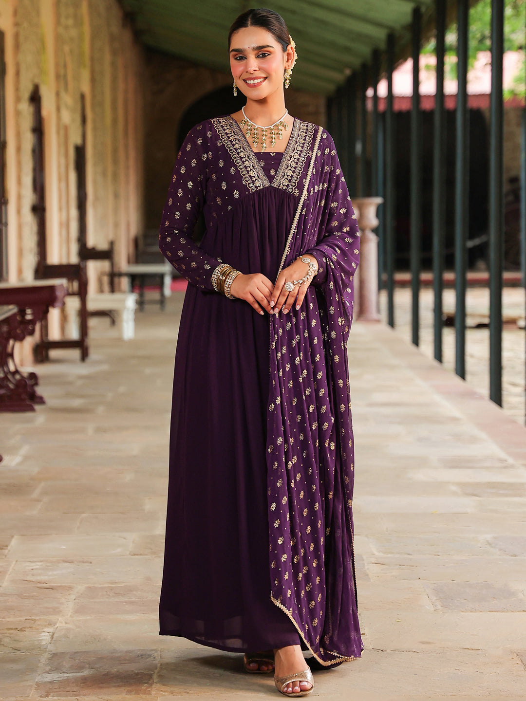 Janasya Women's Purple Georgette Embellished Foil Printed Gathered Kurta With Dupatta Set