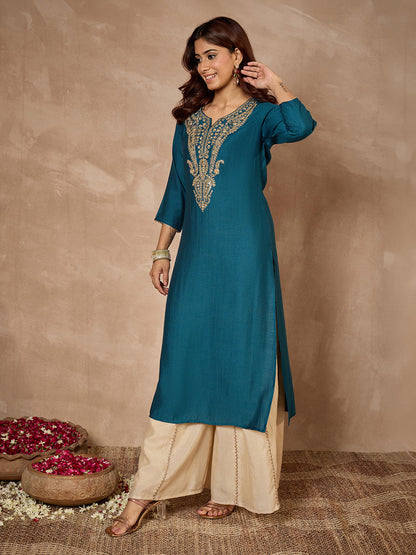 Janasya Women's Teal Blue Silk Blend Zari Paisley Embroidered Straight Kurta