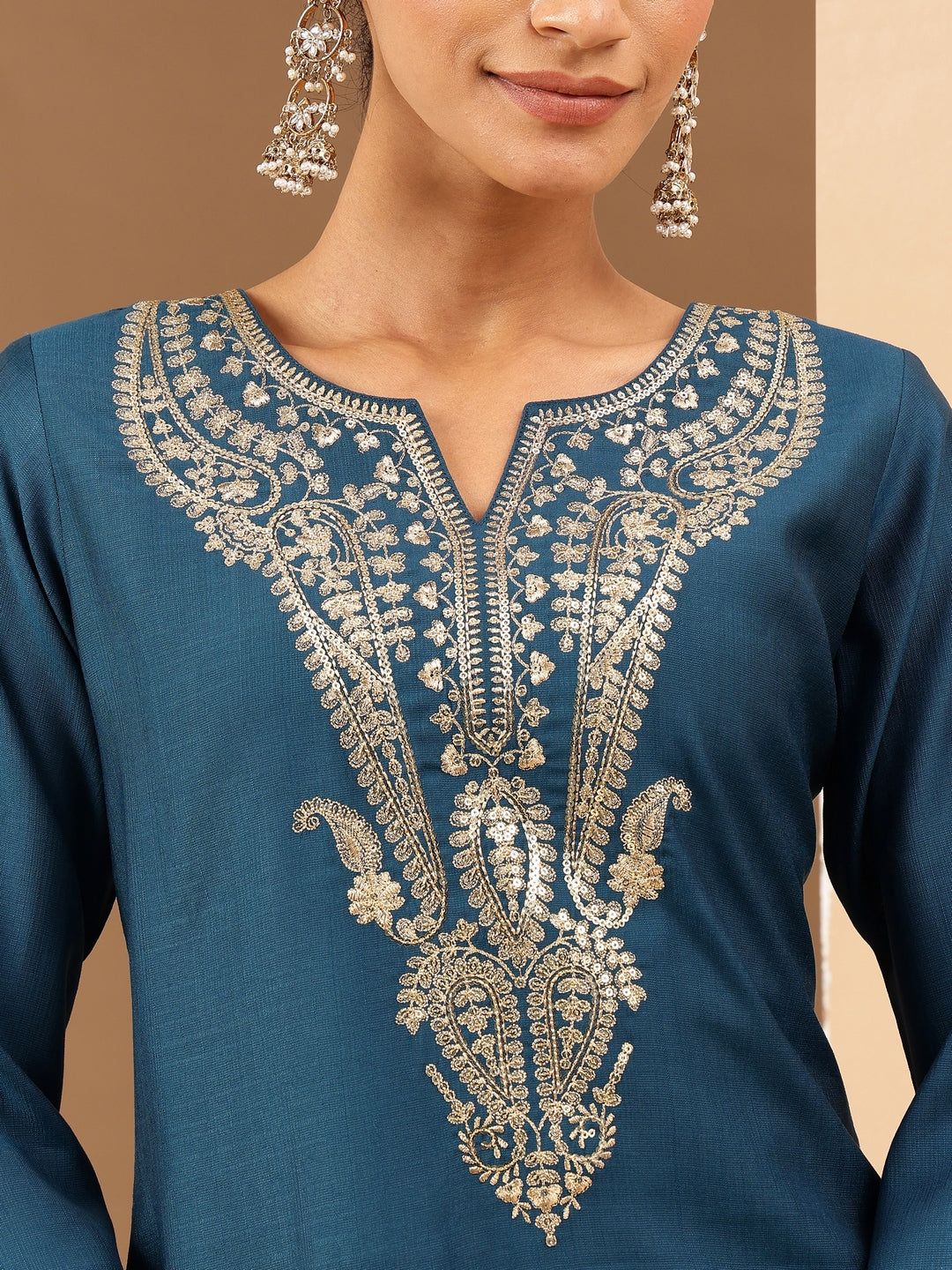 Janasya Women's Teal Blue Silk Blend Zari Yoke Embroidered Straight Kurta