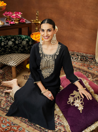 Janasya Women's Black Silk Blend Zari Yoke Embroidered Straight Kurta