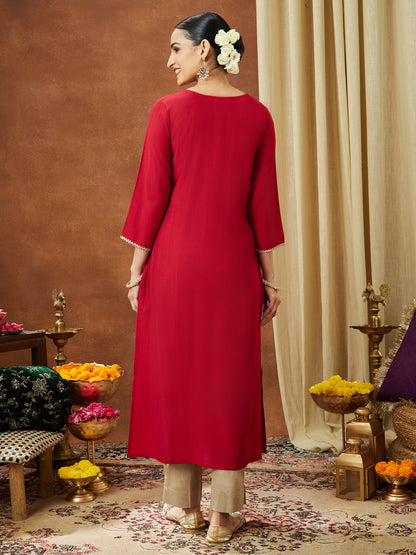 Janasya Women's Maroon Silk Blend Yoke Embroidered Straight Kurta