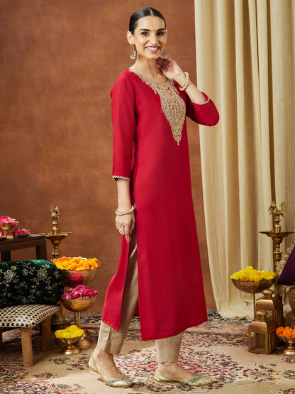 Janasya Women's Maroon Silk Blend Yoke Embroidered Straight Kurta