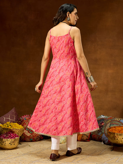 Janasya Women's Pink Pure Cotton Bandhani Printed Anarkali Kurta