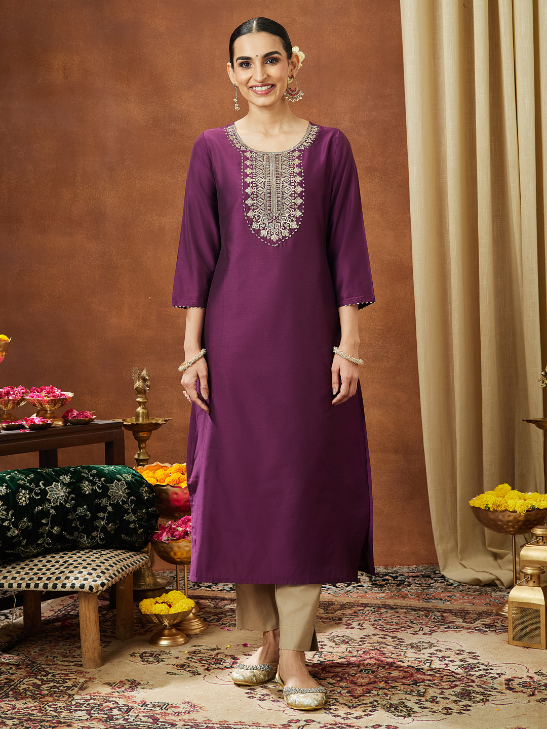 Janasya Women's Wine Chanderi Silk Zari Yoke Embroidered Straight Kurta