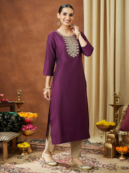 Janasya Women's Wine Chanderi Silk Zari Yoke Embroidered Straight Kurta