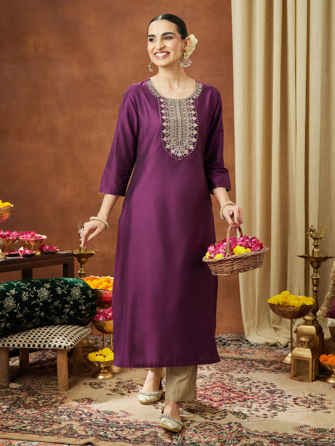 Janasya Women's Wine Chanderi Silk Zari Yoke Embroidered Straight Kurta