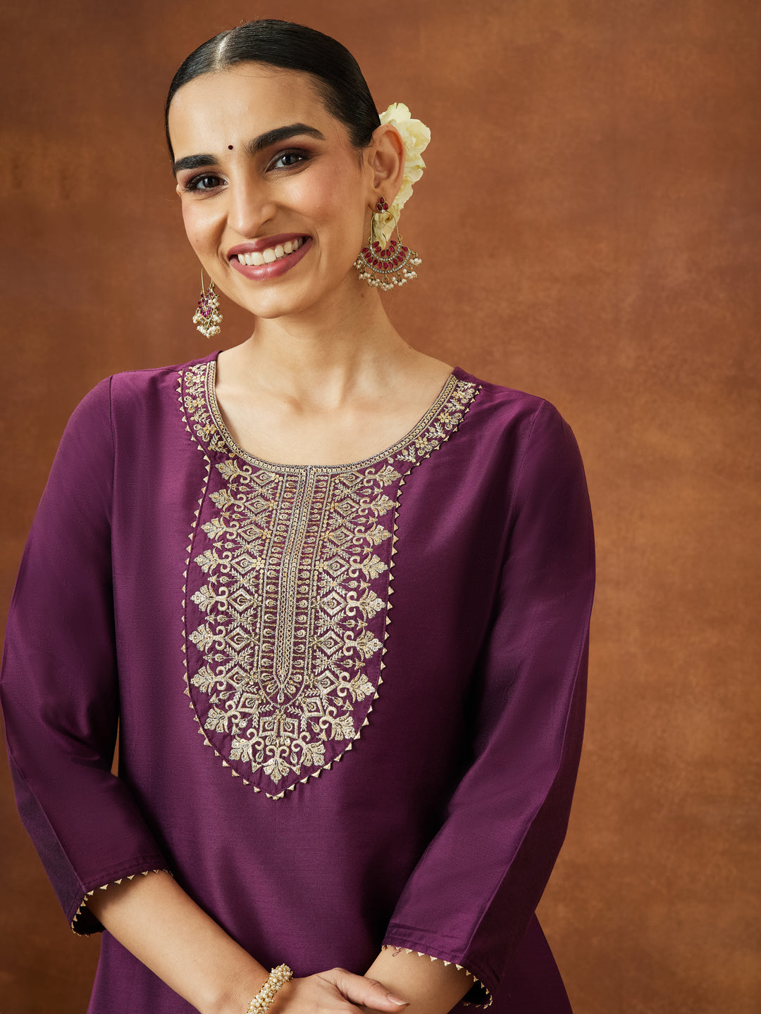 Janasya Women's Wine Chanderi Silk Zari Yoke Embroidered Straight Kurta