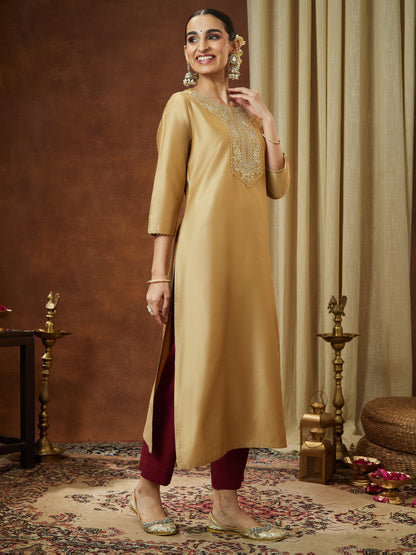 Janasya Women's Beige Chanderi Silk Zari Yoke Embroidered Straight Kurta
