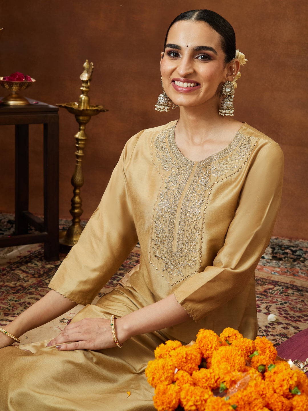 Janasya Women's Beige Chanderi Silk Zari Yoke Embroidered Straight Kurta