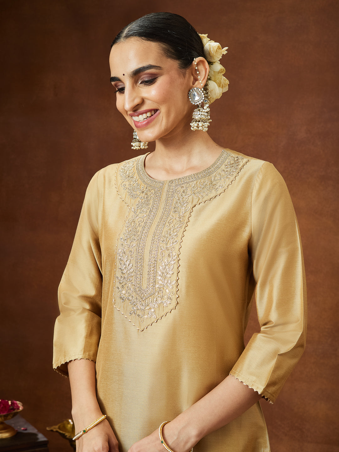 Janasya Women's Beige Chanderi Silk Zari Yoke Embroidered Straight Kurta