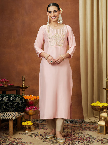 Janasya Women's Light Pink Chanderi Silk Yoke Embroidered Straight Kurta