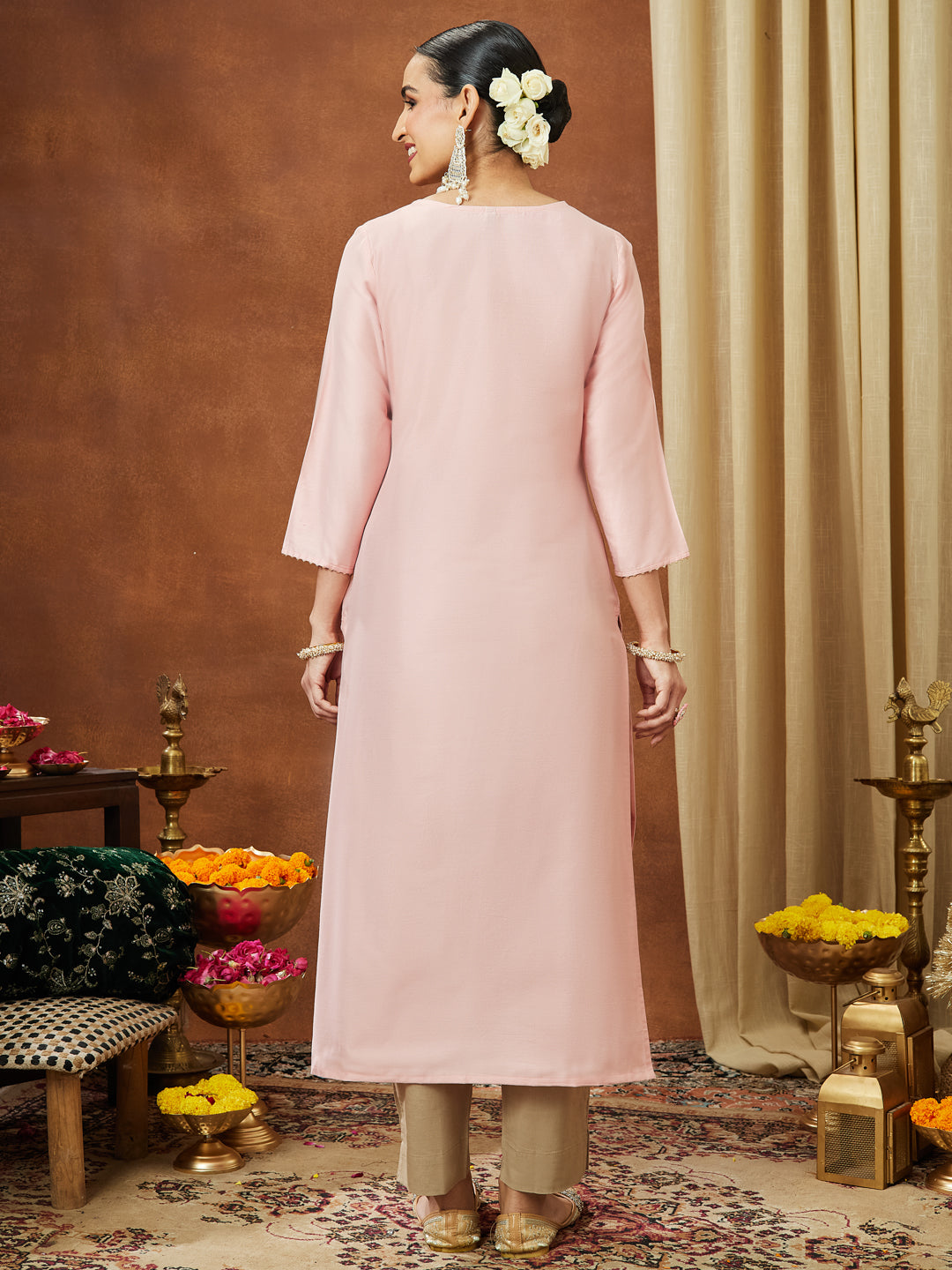 Janasya Women's Light Pink Chanderi Silk Yoke Embroidered Straight Kurta