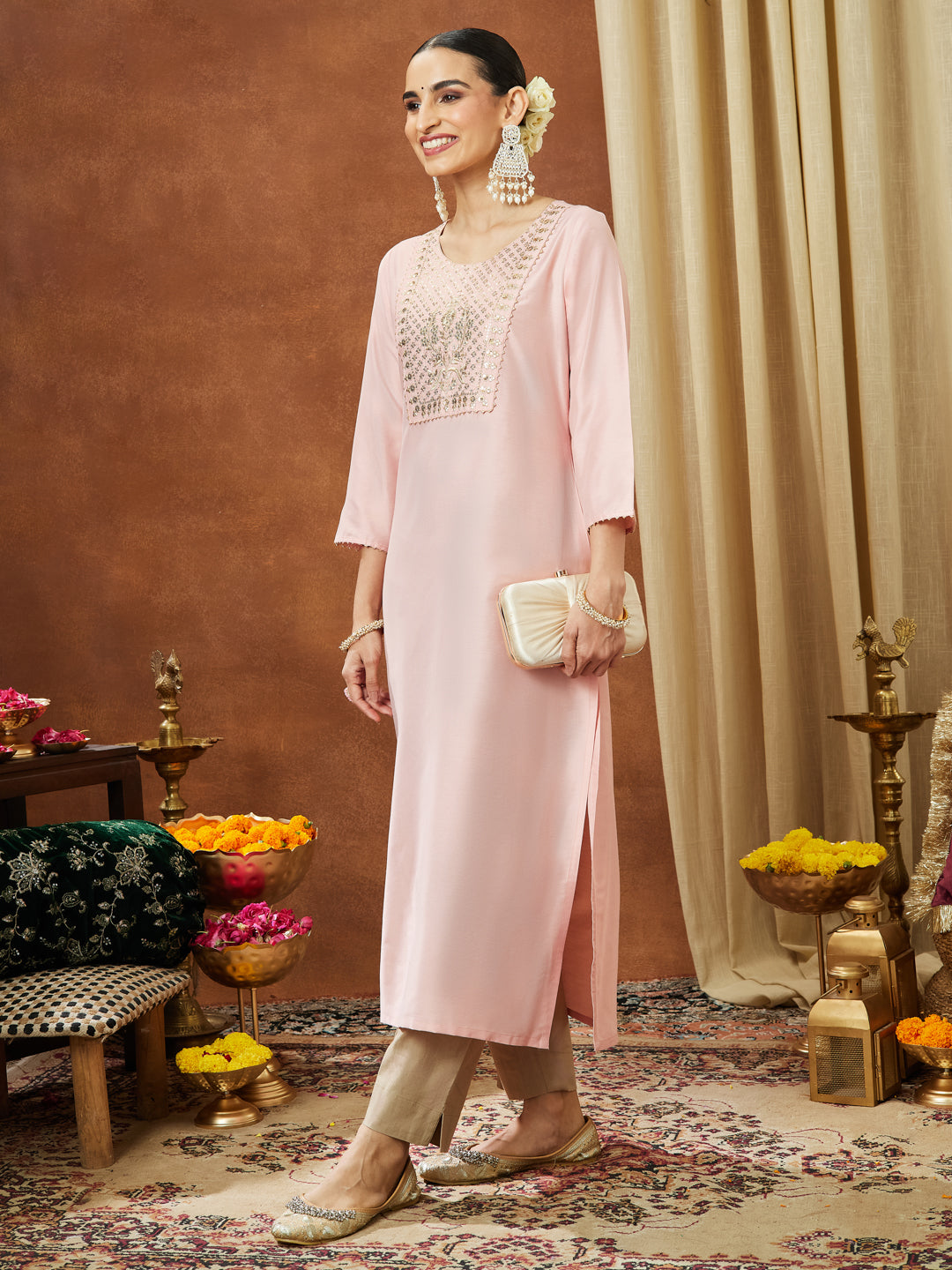 Janasya Women's Light Pink Chanderi Silk Yoke Embroidered Straight Kurta