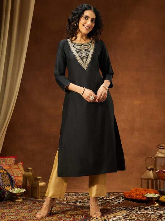 Janasya Women's Black Chanderi Silk Yoke Embroidered Straight Kurta