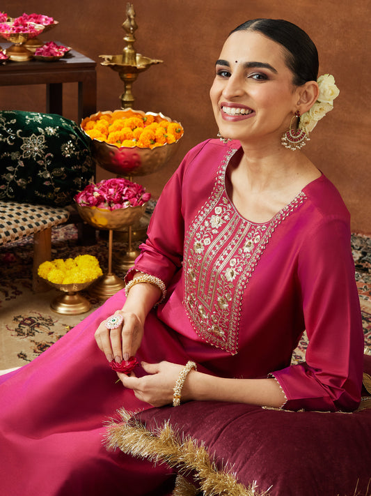 Janasya Women's Pink Chanderi Silk Zari Yoke Embroidered Straight Kurta