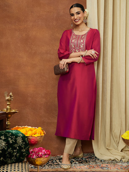 Janasya Women's Pink Chanderi Silk Zari Yoke Embroidered Straight Kurta