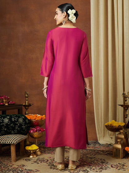 Janasya Women's Pink Chanderi Silk Zari Yoke Embroidered Straight Kurta