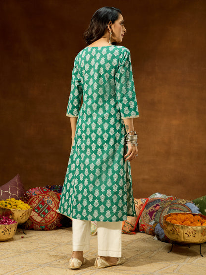 Janasya Women's Green Pure Cotton Ethnic Motifs Printed Straight Kurta