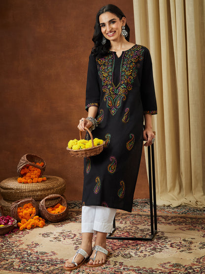 Janasya Women's Black Pure Cotton Paisley Printed Straight Kurta Set