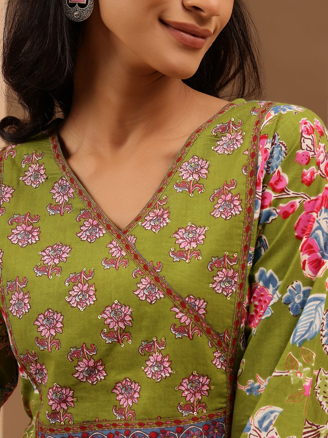 Janasya Women's Green Pure Cotton Floral Printed Straight Kurta